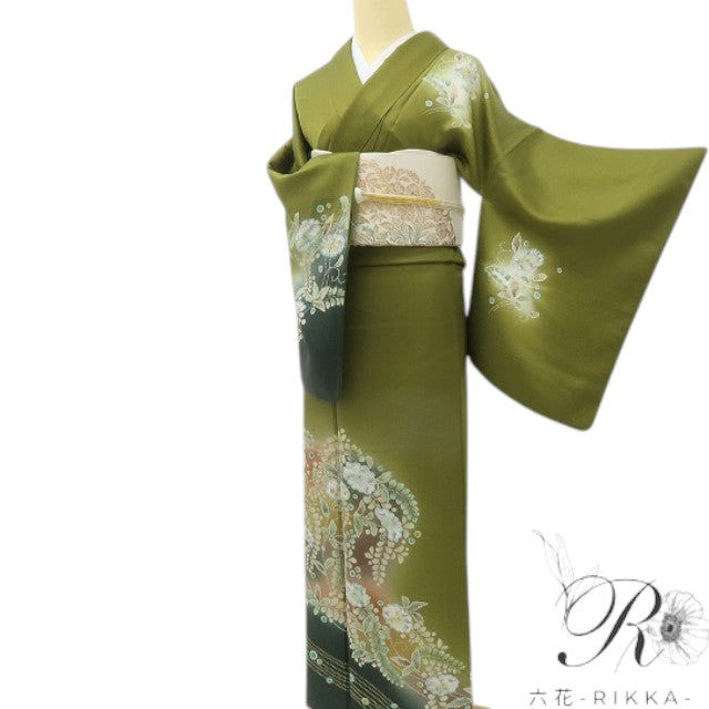 六花-RIKKA- 美品 正絹 さが美謹製 辻が花 絞り うぐいす色に咲き誇る、幻の辻ヶ花☆ 訪問着 着物 A5969-1