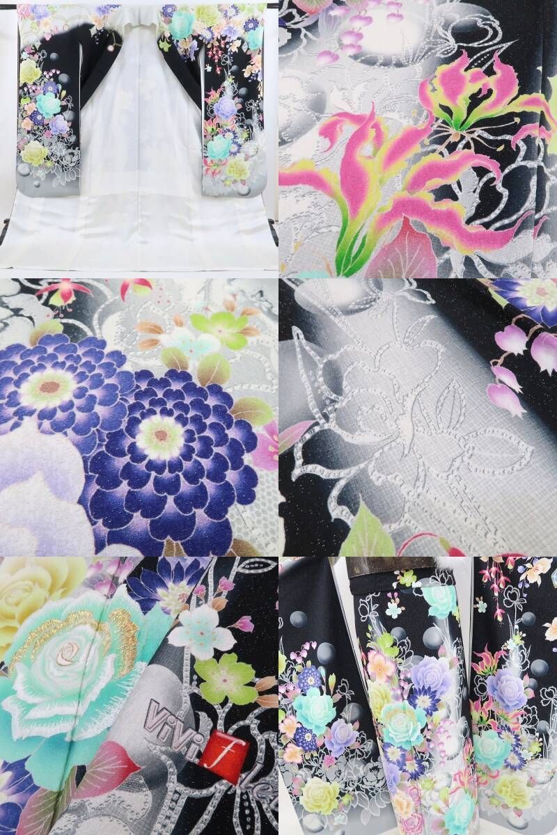 【中古】tomihisa 美品 vivifleurs 薔薇 刺繍 銀通し 着物 成人式 正絹 トールサイズ 振袖 4041