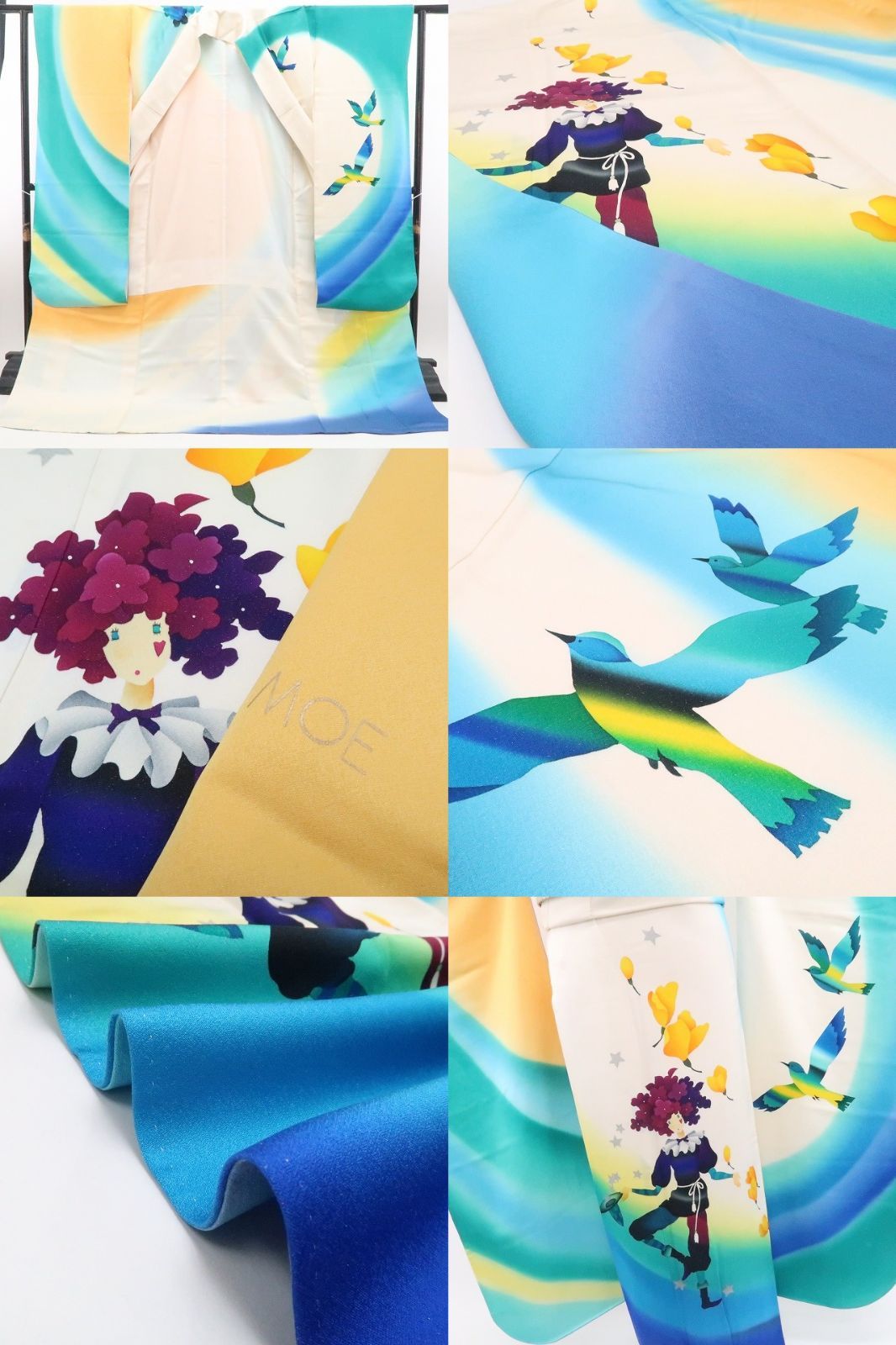 【中古】tomihisa 絵本作家 永田萠 メルヘン 銀通し 着物 正絹 成人式 振袖 7003