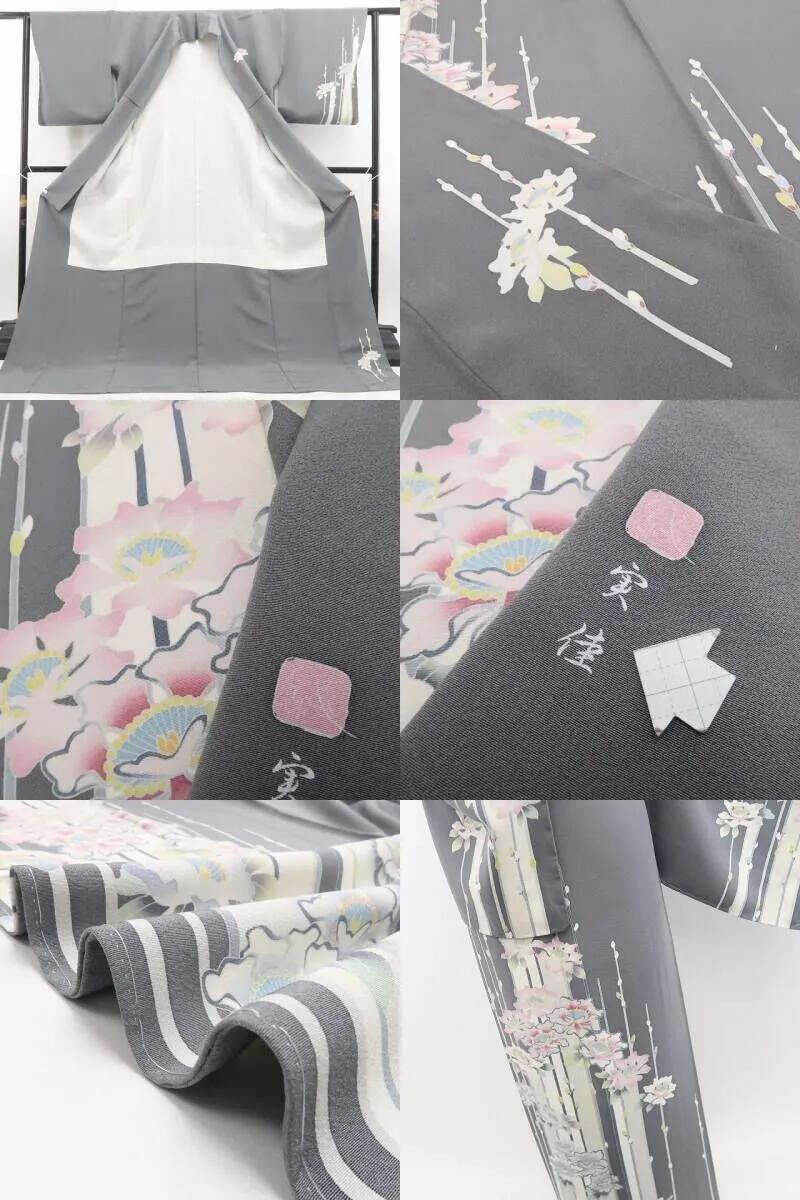 【中古】tomihisa 美品 手描き友禅 落款 着物 正絹 仕付け糸付 作家物 訪問着 7378