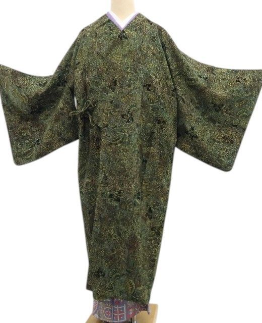 【中古】tomihisa 美品 輪奈ビロード 更紗 着物 正絹 ロング丈 道中着 7628