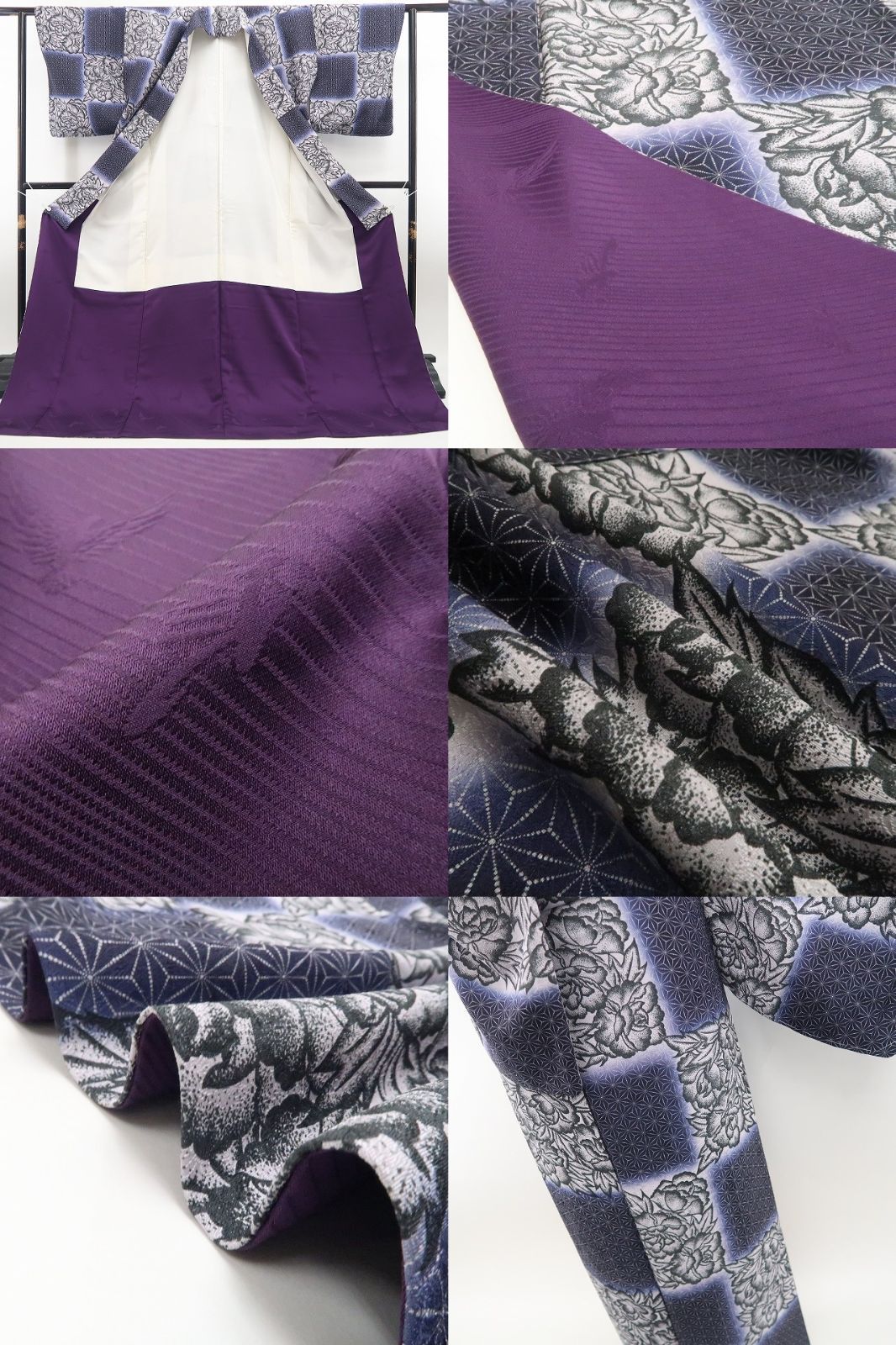 【新古品】tomihisa 新品 斉藤三才 落款 牡丹×市松×麻の葉 着物 正絹 仕付け糸付 小紋 7753