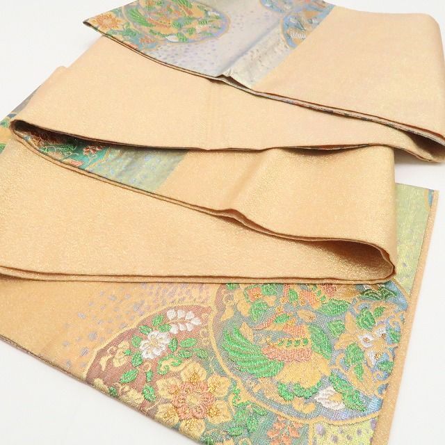 【中古】tomihisa 美品 佐波理綴れ 古代鏡華紋様 着物 正絹 袋帯 7779