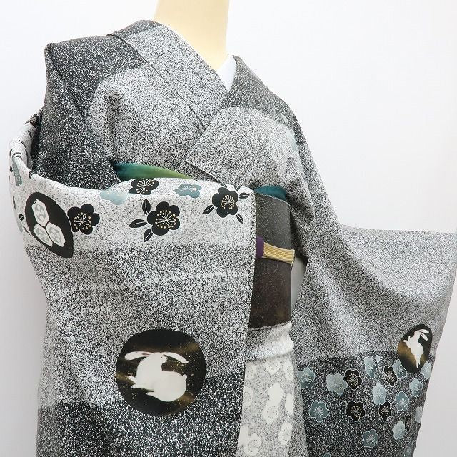 【中古】六花-RIKKA- 正絹 梅 うさぎ 訪問着 着物 A4223