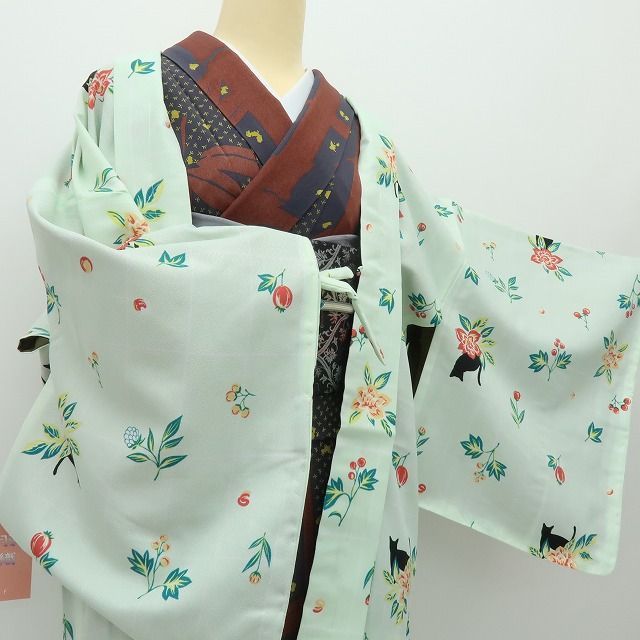 【新古品】六花-RIKKA- 新品 洗える着物 猫 羽織紐付 ロング丈 長羽織 着物 A4576