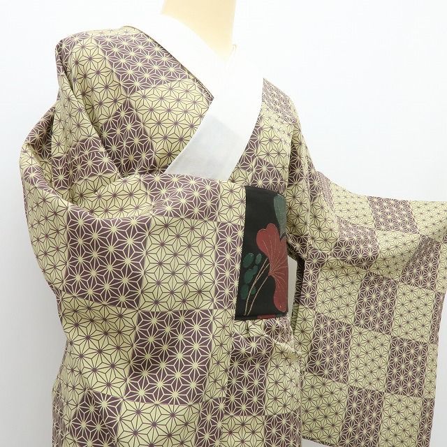 【中古】六花-RIKKA- 美品 正絹 麻の葉 単衣 居敷当・半衿付 袖無双 ワイドサイズ 長襦袢 着物 A4582
