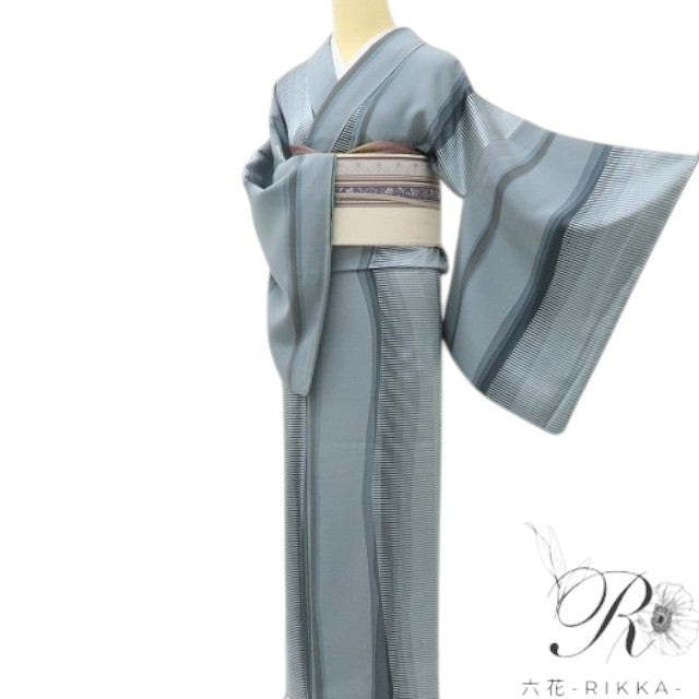 六花-RIKKA- 美品 正絹 水彩画のようなゆらぎをプラス!よろけ縞×横縞☆ 小紋 着物 A5925