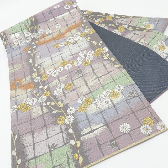 六花-RIKKA- 新品 正絹 西陣織 刺繍 ふっくら菊と、一歩控えた紅葉の夕暮れ☆彡 袋帯 着物 A5993