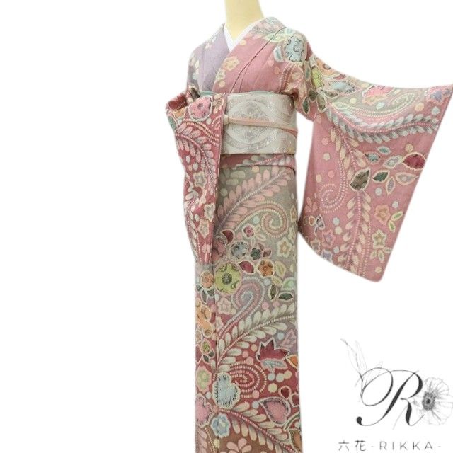 六花-RIKKA- 美品 正絹 幻花染 辻が花 トールサイズ 桃花色の花咲く夢☆ 訪問着 着物 A6068