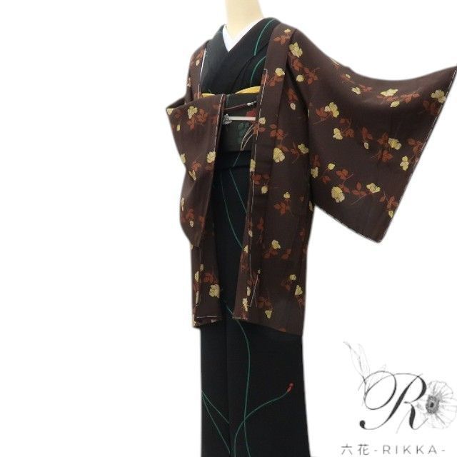 六花-RIKKA- 美品未着用 正絹 仕付け糸付 薔薇 マホガニーに咲く、レトロバラ☆ 羽織 着物 A6077
