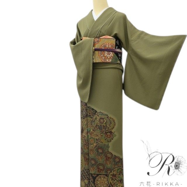 六花-RIKKA- 新品 正絹 前田仁仙落款 更紗 大人のモダンエレガンス、仁仙更紗☆ 仕付け糸付 付下げ 着物 A6094