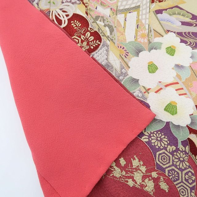 【中古】まめ藤 m584 美品 金駒・銀駒刺繍 御所車 トールサイズ 牡丹 笹べり付き 手縫い仕立て 振袖単品
