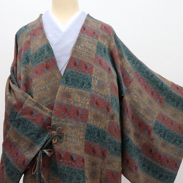 【中古】百華 Y4558 美品 正絹 宮内庁御用達 赤城右堂落款 本草木染 手縫い仕立て ロング丈 道中着