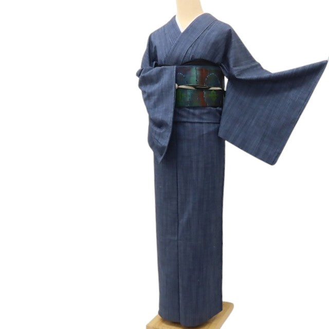 百華 Y5590 美品 着物 縦縞 単衣 正絹 居敷当て付 手縫い仕立て 紬