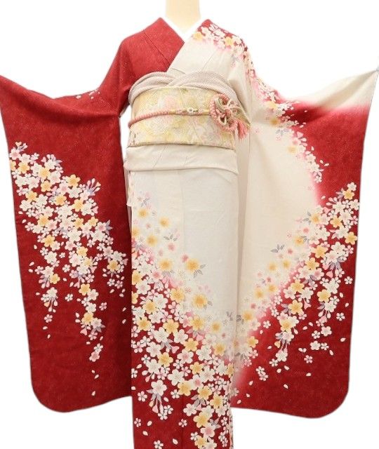 百華Y5668 美品 トールサイズ 銀通し 金駒刺繡 桜 着物 正絹 手縫い仕立て 成人式 振袖