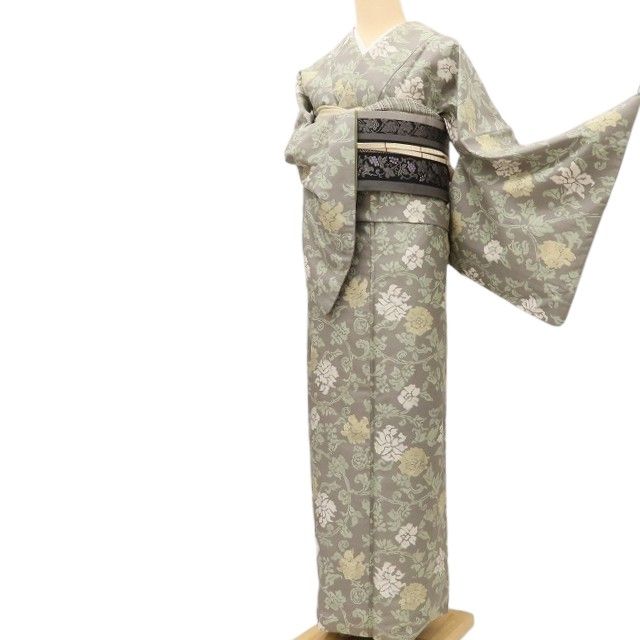 百華Y5829 美品 牡丹唐草 作家物落款 着物 正絹 手縫い仕立て 紬
