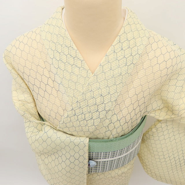 百華Y5421 美品 夏着物 絹紅梅 網目文様 正絹 手縫い仕立て 小紋 高級浴衣