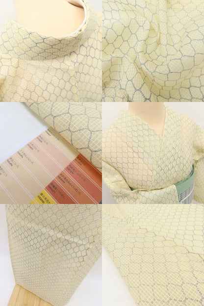 百華Y5421 美品 夏着物 絹紅梅 網目文様 正絹 手縫い仕立て 小紋 高級浴衣
