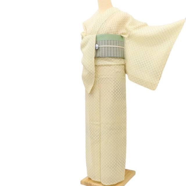 百華Y5421 美品 夏着物 絹紅梅 網目文様 正絹 手縫い仕立て 小紋 高級浴衣