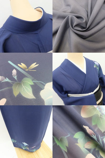 百華 Y5417 美品 夏着物 朝顔 トンボ 勝ち虫 絽 正絹 手縫い仕立て 訪問着