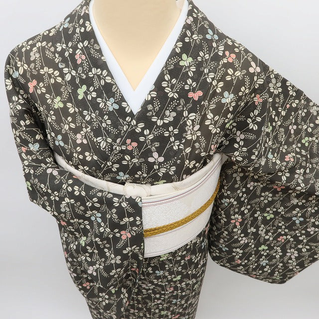 百華 Y5450 美品 夏着物 古典小紋紅型 絽 正絹 手縫い仕立て 小紋