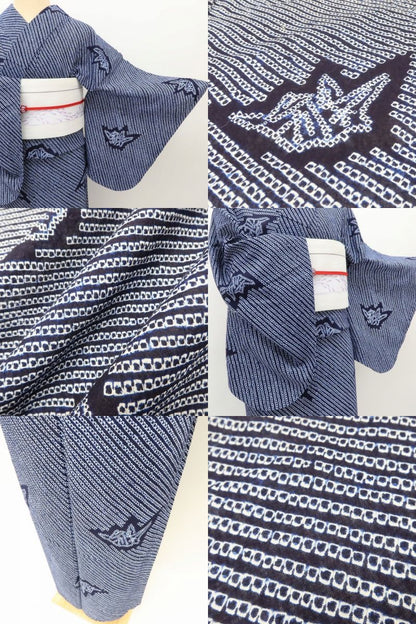 百華 Y5456 美品 洗える夏着物 有松鳴海絞り 折り鶴 綿 居敷当て付 手縫い仕立て 浴衣