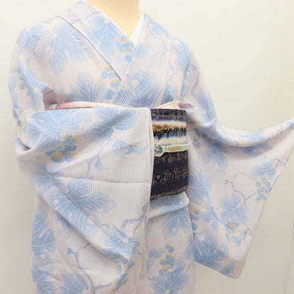 百華 Y5464 新品 仕付け糸付 Sサイズ 葡萄 縦絽 正絹 居敷当て付 手縫い仕立て 小紋