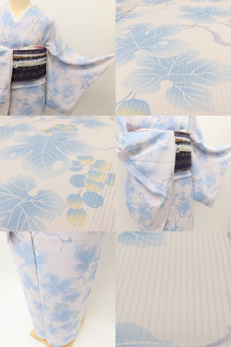 百華 Y5464 新品 仕付け糸付 Sサイズ 葡萄 縦絽 正絹 居敷当て付 手縫い仕立て 小紋