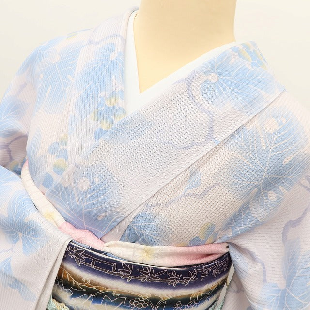 百華 Y5464 新品 仕付け糸付 Sサイズ 葡萄 縦絽 正絹 居敷当て付 手縫い仕立て 小紋