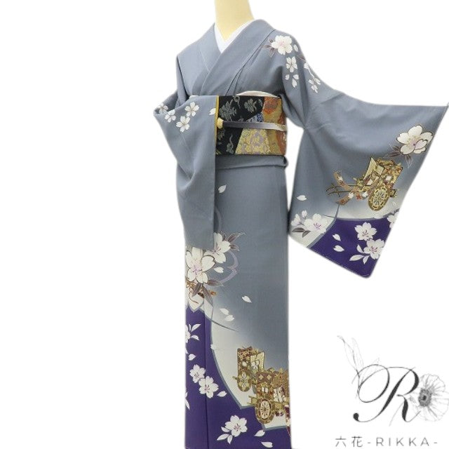 六花-RIKKA- 新品 正絹 桜 トールサイズ 仕付け糸付 桜舞う、御所車。大人の華やぎをこの一枚に 訪問着 着物 A5970