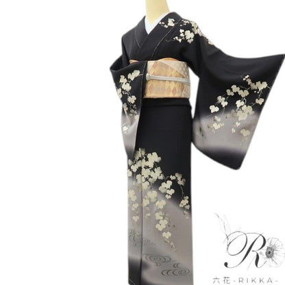 六花-RIKKA- 新品 正絹 金駒刺繡 金彩 蔦 仕付け糸付 ブラックに咲く、金の余韻☆ 訪問着 着物 A6106