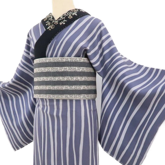 【中古】tomihisa 美品 縦縞 刺繍衿付 着物 正絹 長襦袢 3304