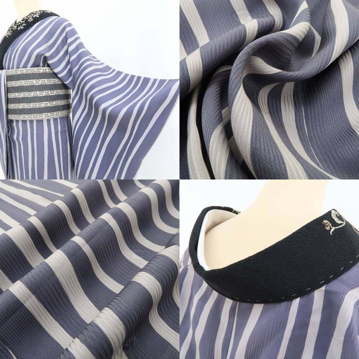 【中古】tomihisa 美品 縦縞 刺繍衿付 着物 正絹 長襦袢 3304