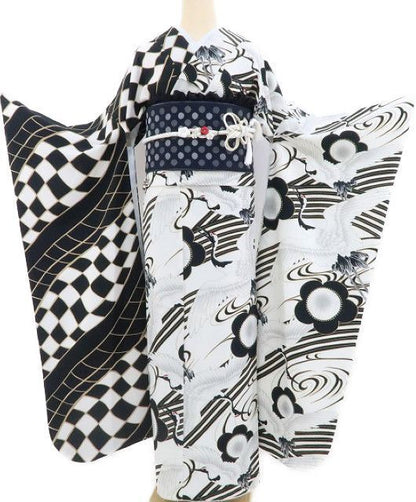 【中古】tomihisa 美品 片身替わり モノトーン 洗える着物 成人式 トールサイズ 振袖 3742