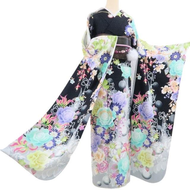 【中古】tomihisa 美品 vivifleurs 薔薇 刺繍 銀通し 着物 成人式 正絹 トールサイズ 振袖 4041