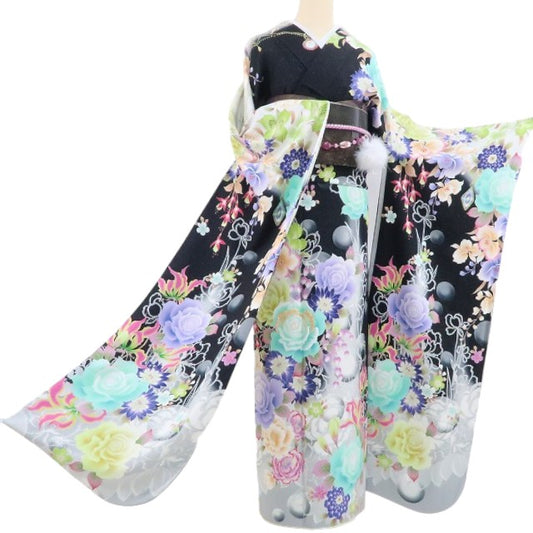 【中古】tomihisa 美品 vivifleurs 薔薇 刺繍 銀通し 着物 成人式 正絹 トールサイズ 振袖 4041