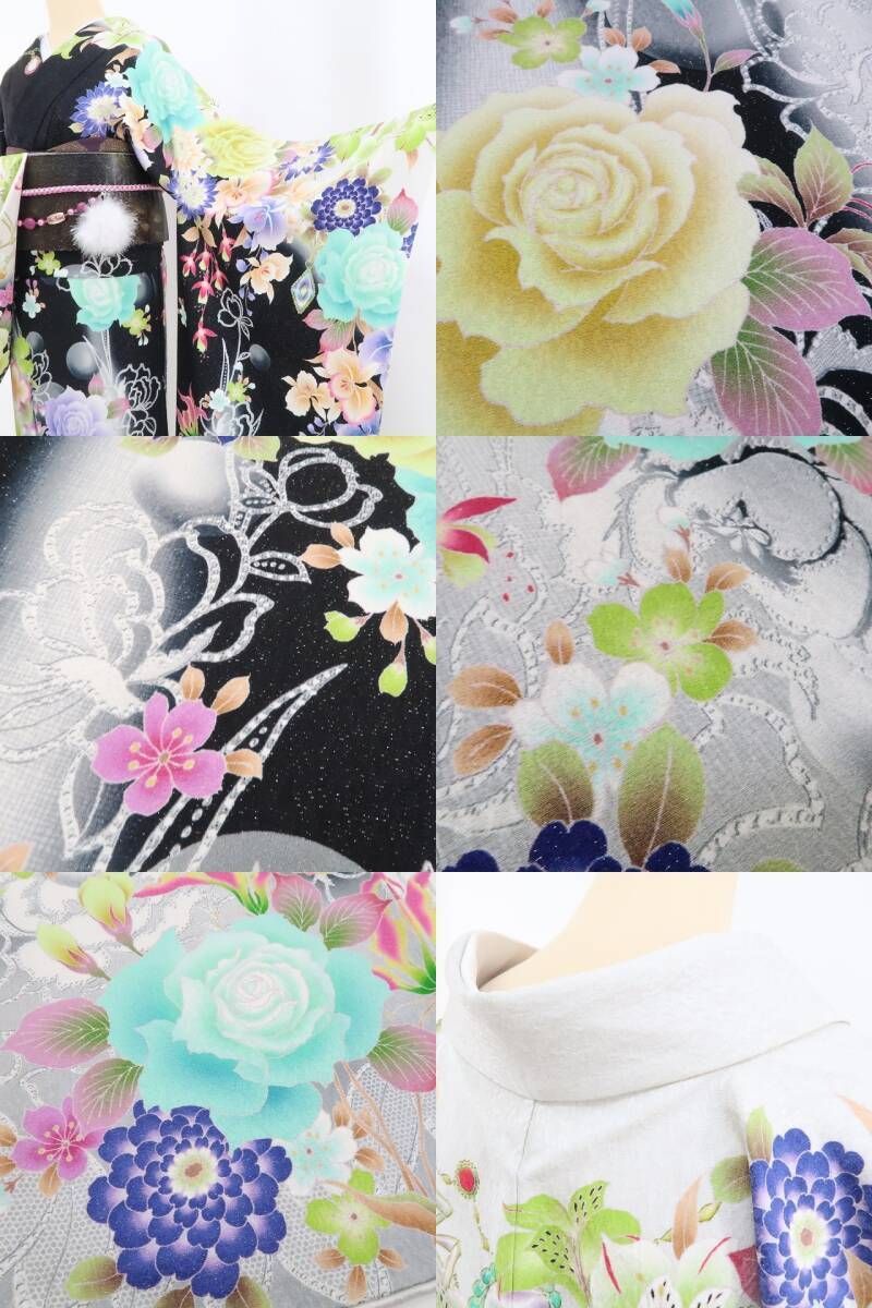 【中古】tomihisa 美品 vivifleurs 薔薇 刺繍 銀通し 着物 成人式 正絹 トールサイズ 振袖 4041