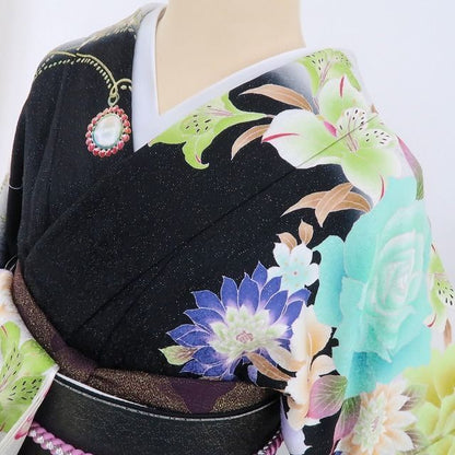 【中古】tomihisa 美品 vivifleurs 薔薇 刺繍 銀通し 着物 成人式 正絹 トールサイズ 振袖 4041