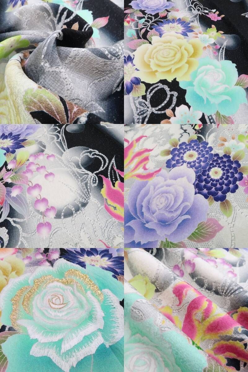 【中古】tomihisa 美品 vivifleurs 薔薇 刺繍 銀通し 着物 成人式 正絹 トールサイズ 振袖 4041