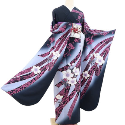 【中古】tomihisa 美品 桜 着物 正絹 振袖 4159