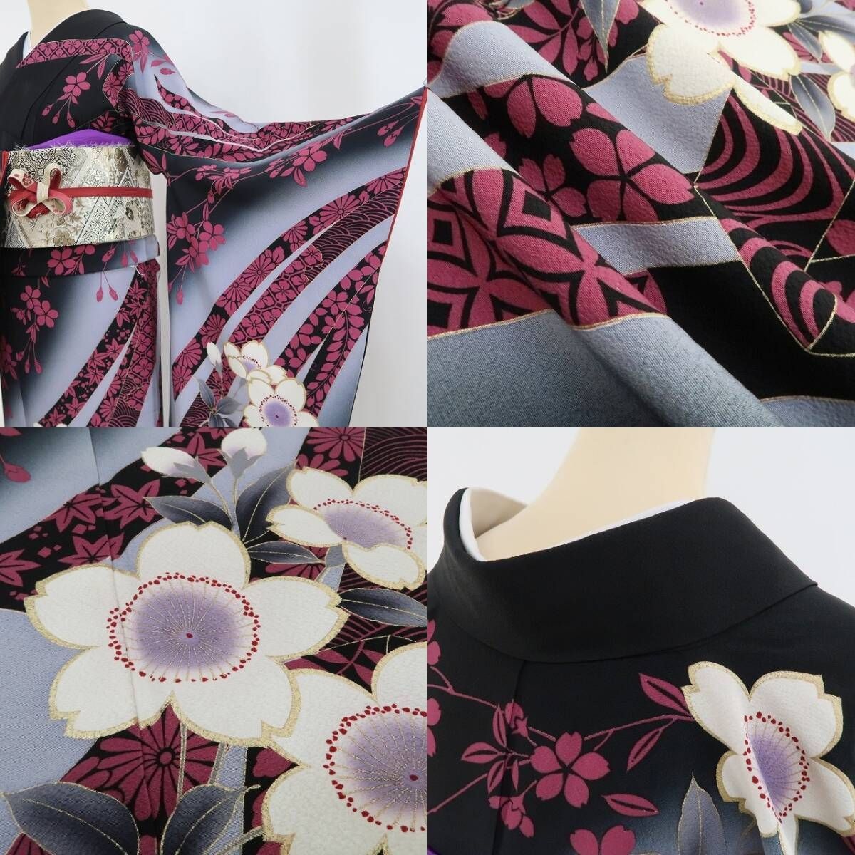 【中古】tomihisa 美品 桜 着物 正絹 振袖 4159