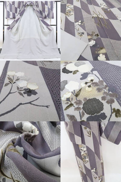 【中古】tomihisa 未着用 スワトウ刺繍 着物 正絹 仕付け糸付 付下げ 4229