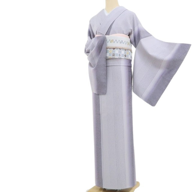 【中古】tomihisa 美品 文字文 縦縞 着物 正絹 仕付け糸付 トールサイズ お召 4438