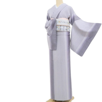 【中古】tomihisa 美品 文字文 縦縞 着物 正絹 仕付け糸付 トールサイズ お召 4438
