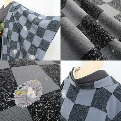 【新古品】tomihisa 新品 兎 市松 着物 正絹 紐付　仕付け糸付 ロング丈 長羽織 4521
