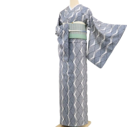 【中古】tomihisa 美品 幾何学模様 着物 正絹 仕付け糸付 小紋 4608