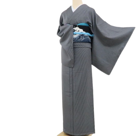 【新古品】tomihisa 新品 縦縞 モノトーン 着物 正絹 仕付け糸付 お召 4854