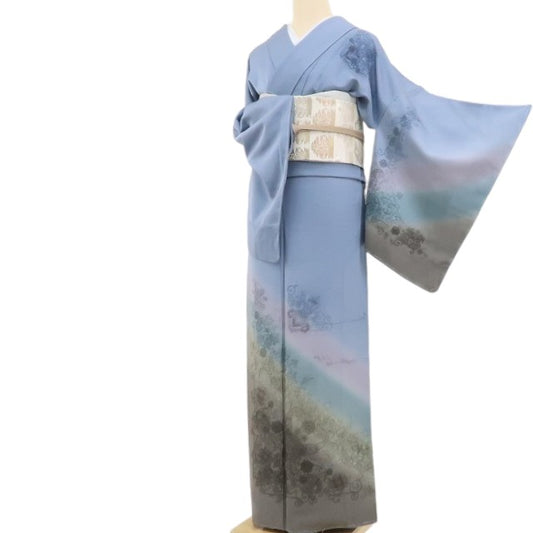 【中古】tomihisa 美品 フランス刺繍 暈し 着物 正絹 仕付け糸付 訪問着 4894
