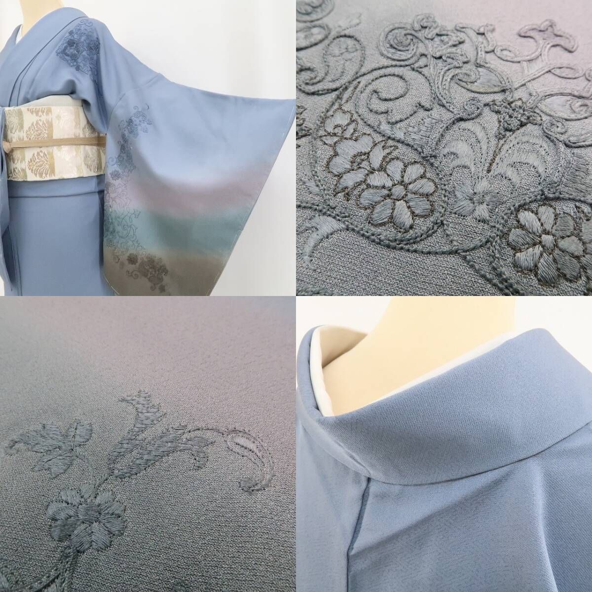 【中古】tomihisa 美品 フランス刺繍 暈し 着物 正絹 仕付け糸付 訪問着 4894