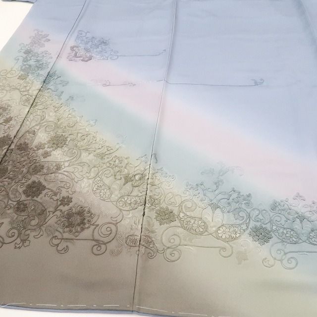 【中古】tomihisa 美品 フランス刺繍 暈し 着物 正絹 仕付け糸付 訪問着 4894